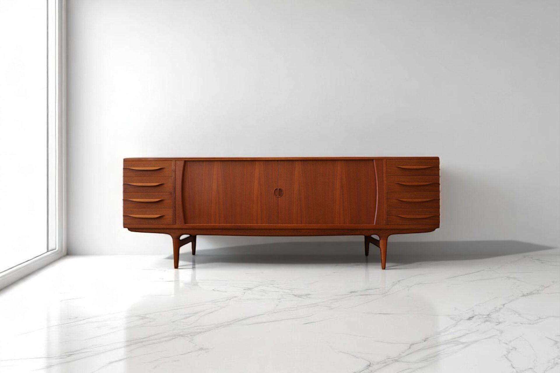 Läs mer om artikeln Johannes Andersen Uldum sideboard modell 15 i teak. 240x50x84 cm