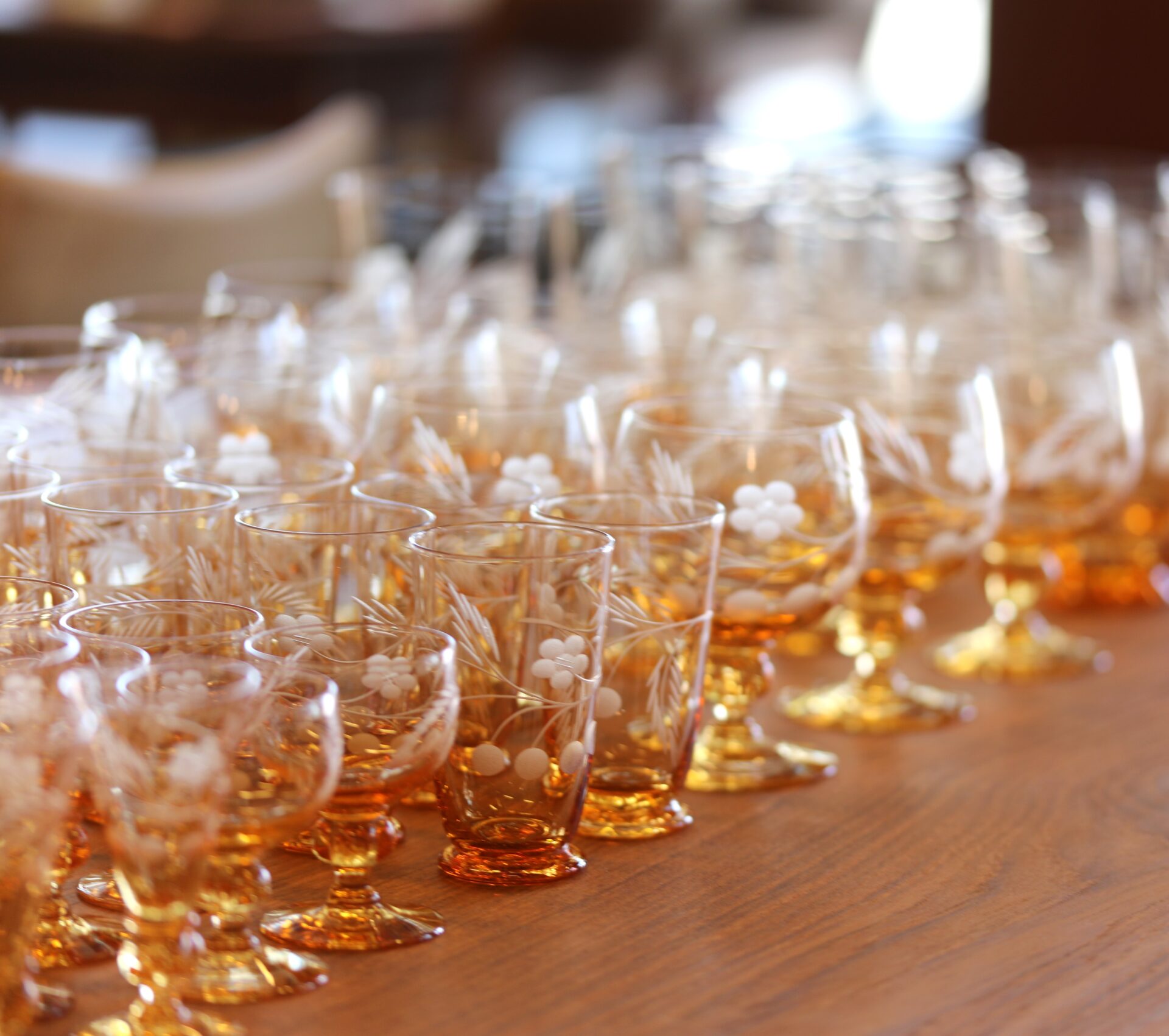 Läs mer om artikeln Ryds glasbruk bärnstensfärgade glas från 40/50-talet med dekor