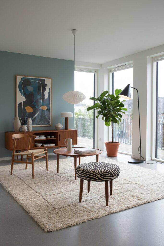 Dansk pall i teak med zebrainspirerat mönster. 48 cm ø