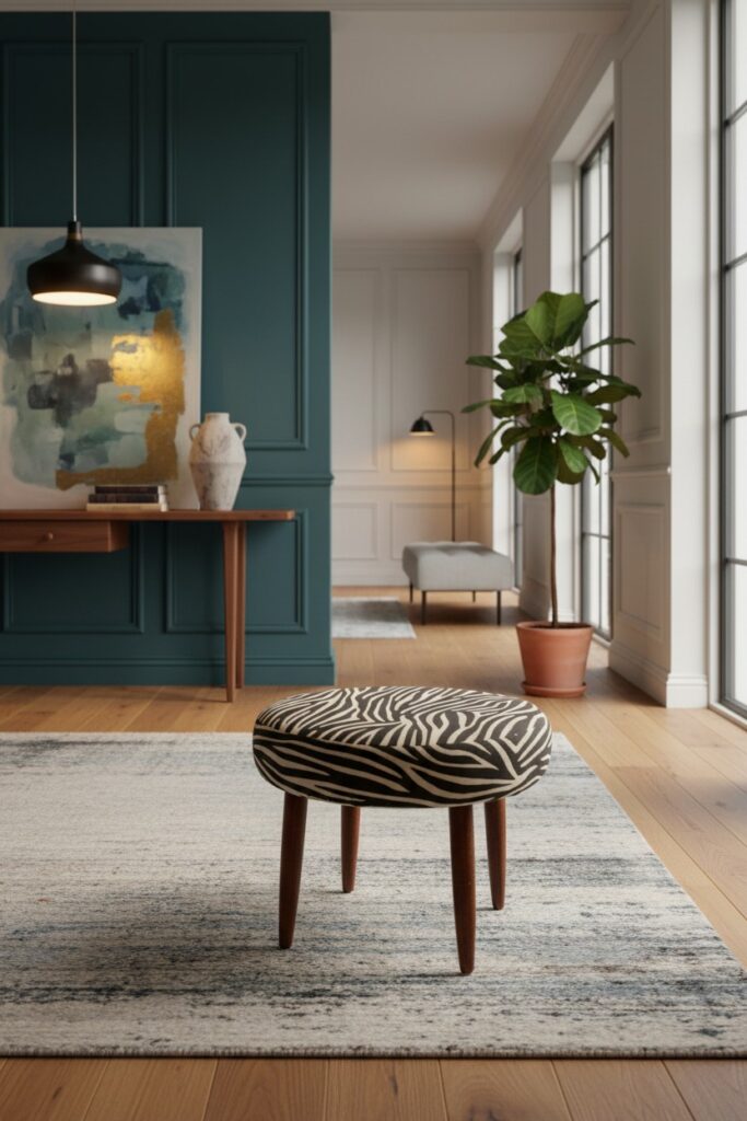 Dansk pall i teak med zebrainspirerat mönster. 48 cm ø