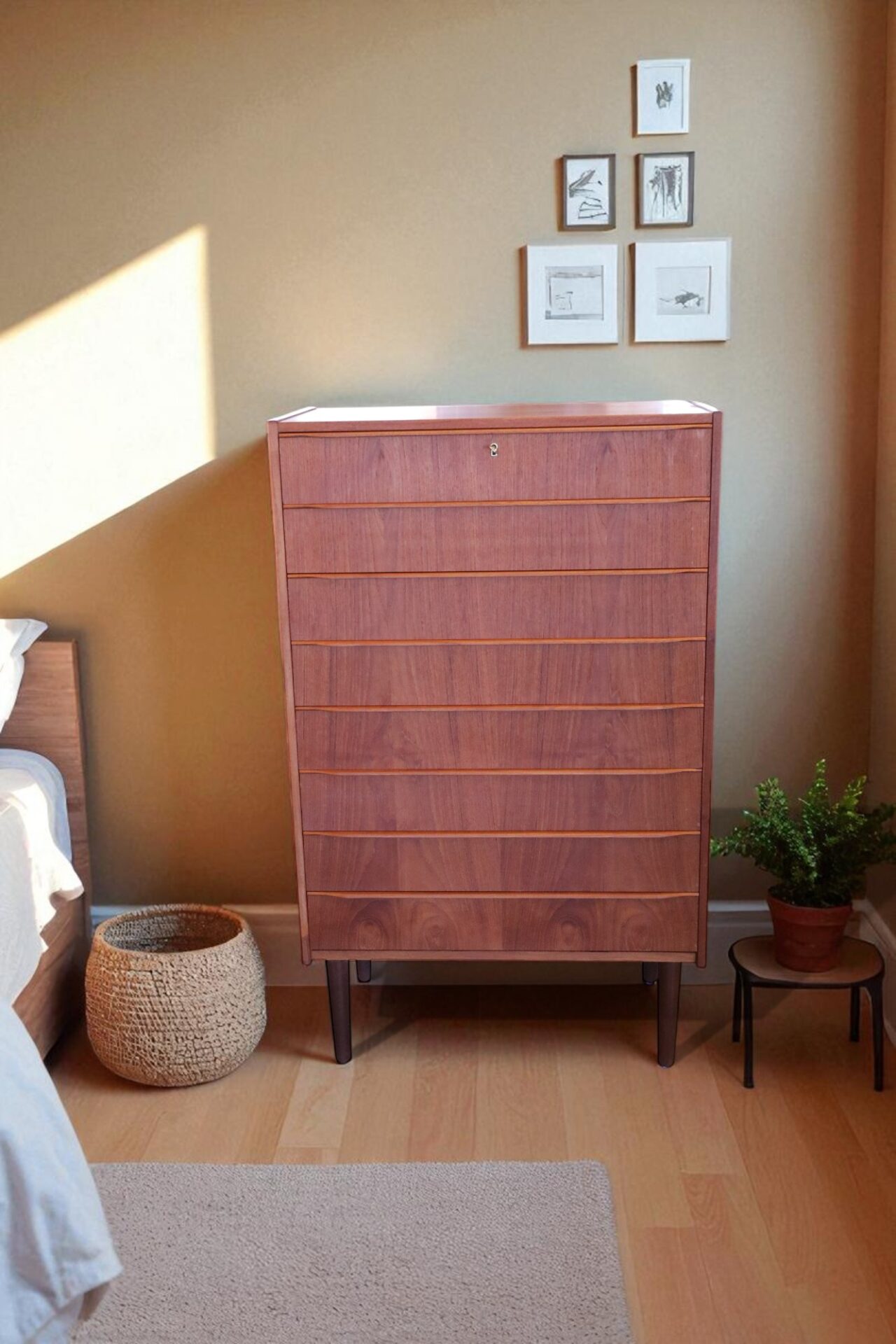 Läs mer om artikeln Dansk hög byrå med åtta lådor. 76x40x126 cm