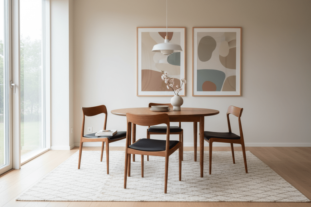 Dansk teakstol i massiv teak med svart skinn. 50 cm bred