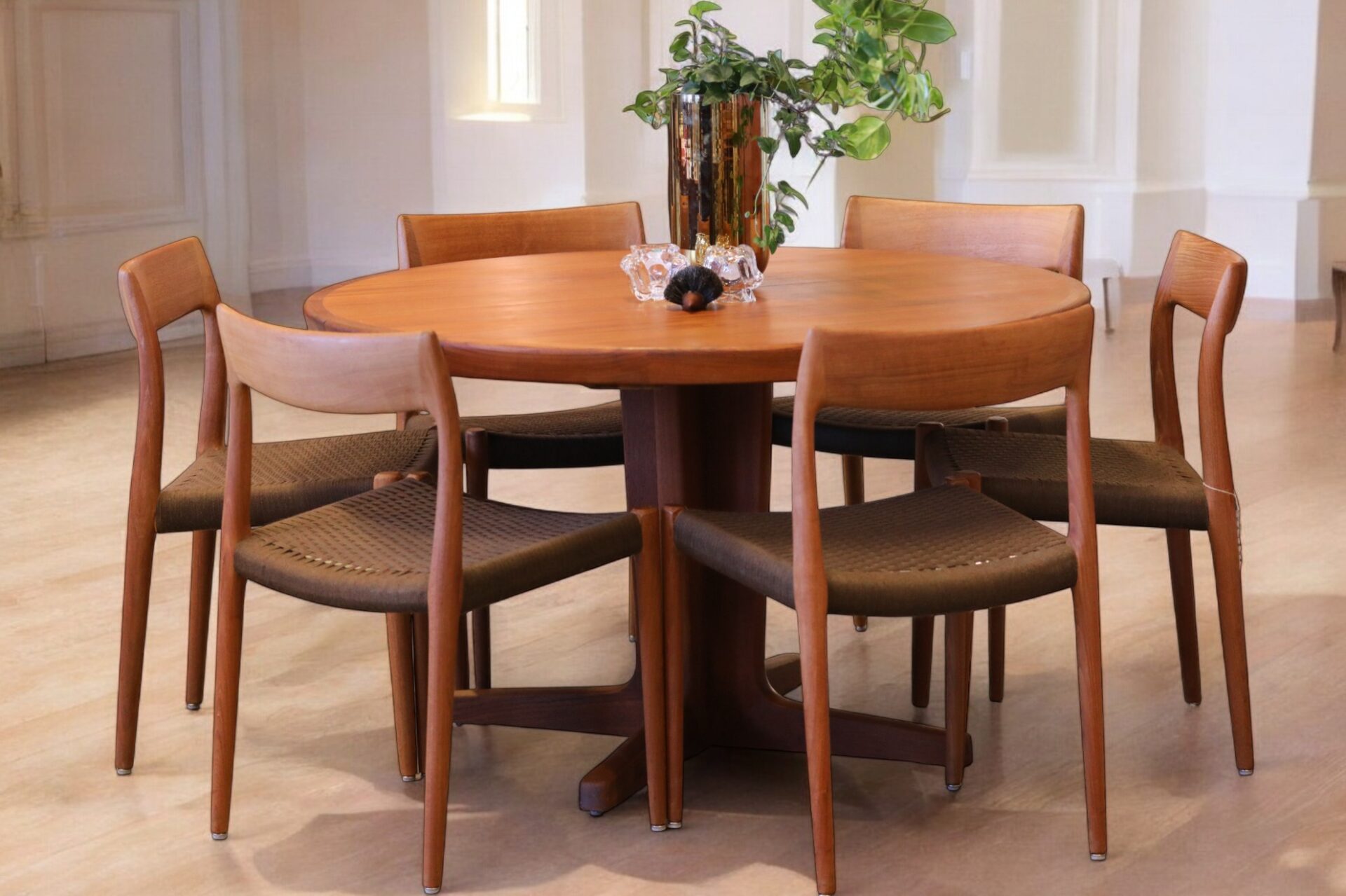 Läs mer om artikeln AM Møbler runt matbord i teak på pelarfot. 120 ø+2×55 cm. Reserverat