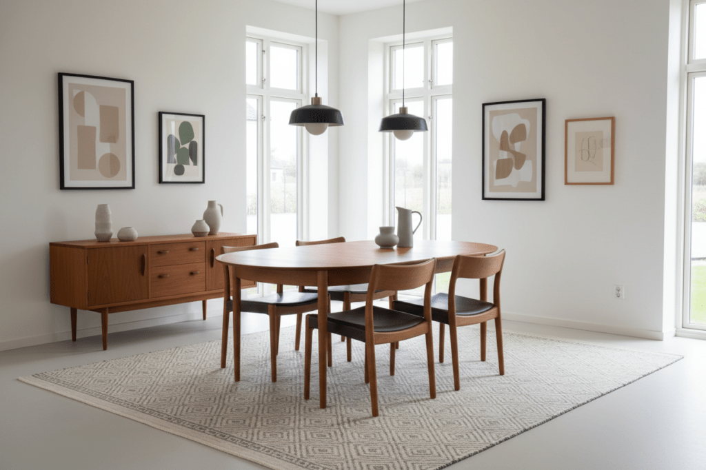 Danska matstolar i massiv teak med vintageskinn tidlös design och hög komfort