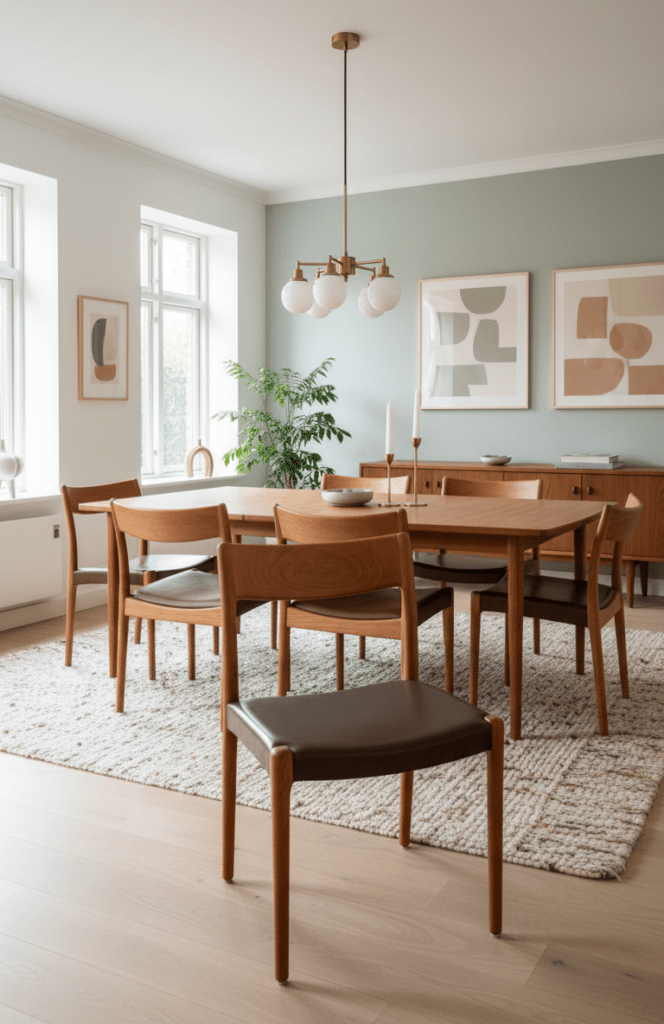 Danska matstolar i massiv teak med vintageskinn tidlös design och hög komfort