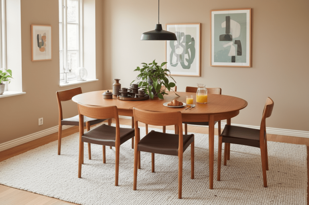 Danska matstolar i massiv teak med vintageskinn tidlös design och hög komfort