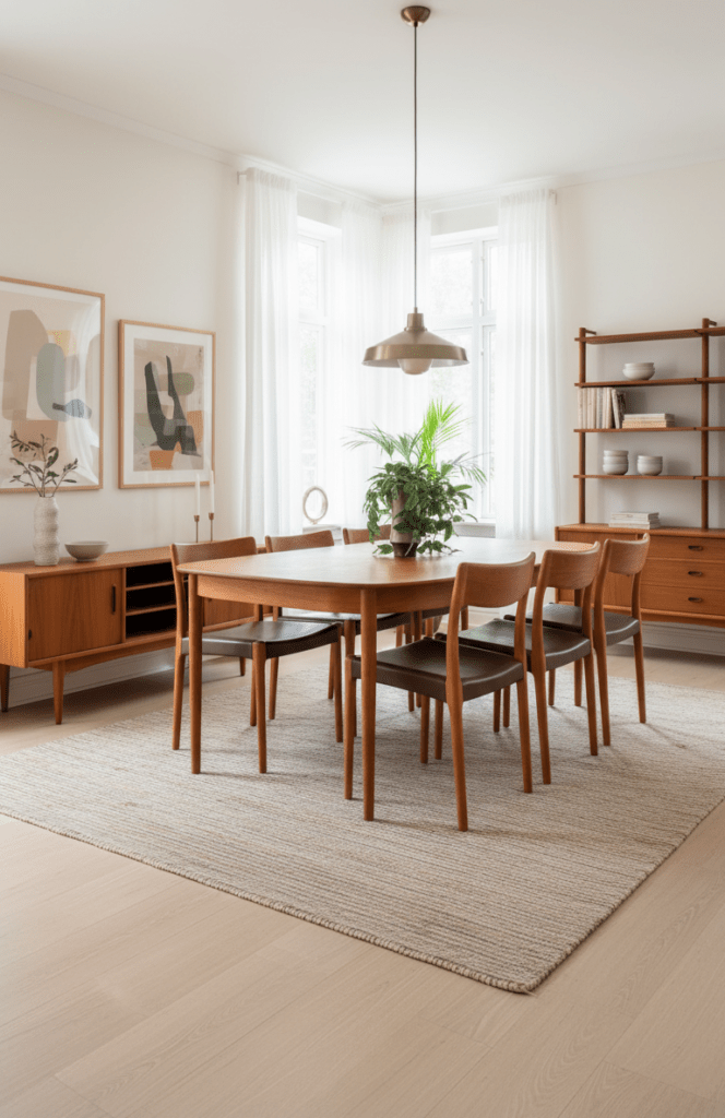 Danska matstolar i massiv teak med vintageskinn tidlös design och hög komfort