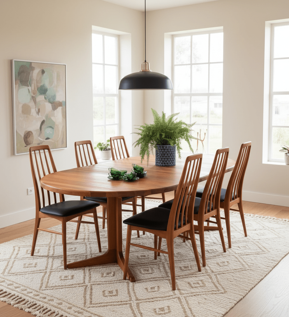 Eva-stolar i teak av Niels Kofoed – dansk designklassiker med svart skinnEva-stolar i teak av Niels Kofoed – dansk designklassiker med svart skinn