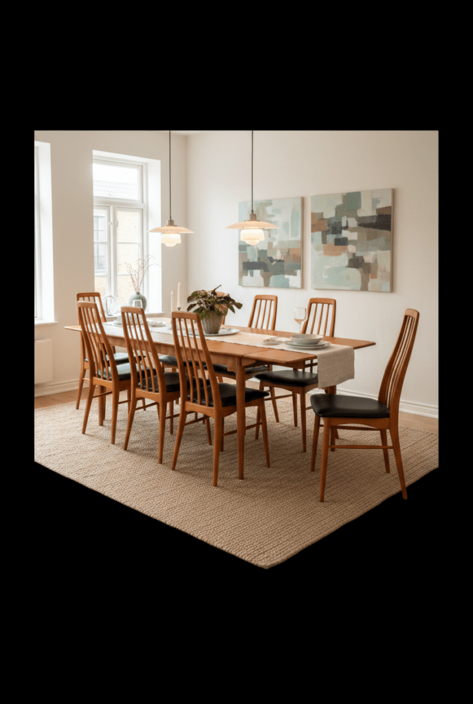 Eva-stolar i teak av Niels Kofoed – dansk designklassiker med svart skinn