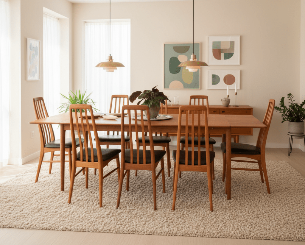 Eva-stolar i teak av Niels Kofoed – dansk designklassiker med svart skinn
