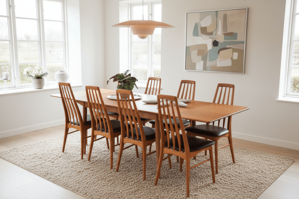 Eva-stolar i teak av Niels Kofoed – dansk designklassiker med svart skinn