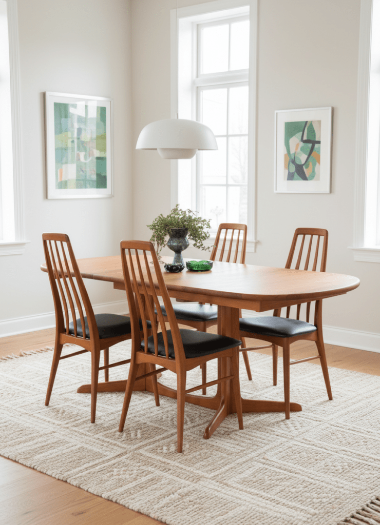 Eva-stolar i teak av Niels Kofoed – dansk designklassiker med svart skinn