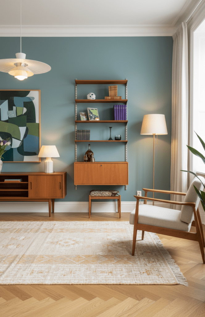 FM Reolsystem i teak av Kai Kristiansen, vägghängt hyllsystem, Danmark. 89x34x175 cm