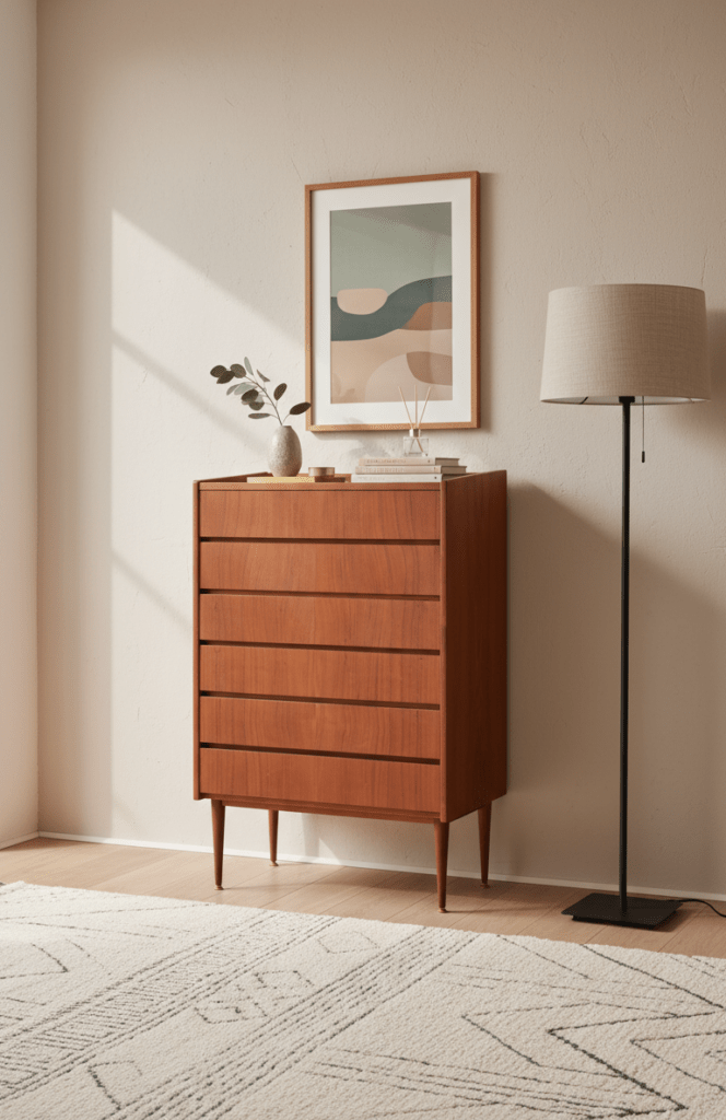 Dansk byrå i teak med sex lådor, vintage 1960 tal. 75x42x113 cm