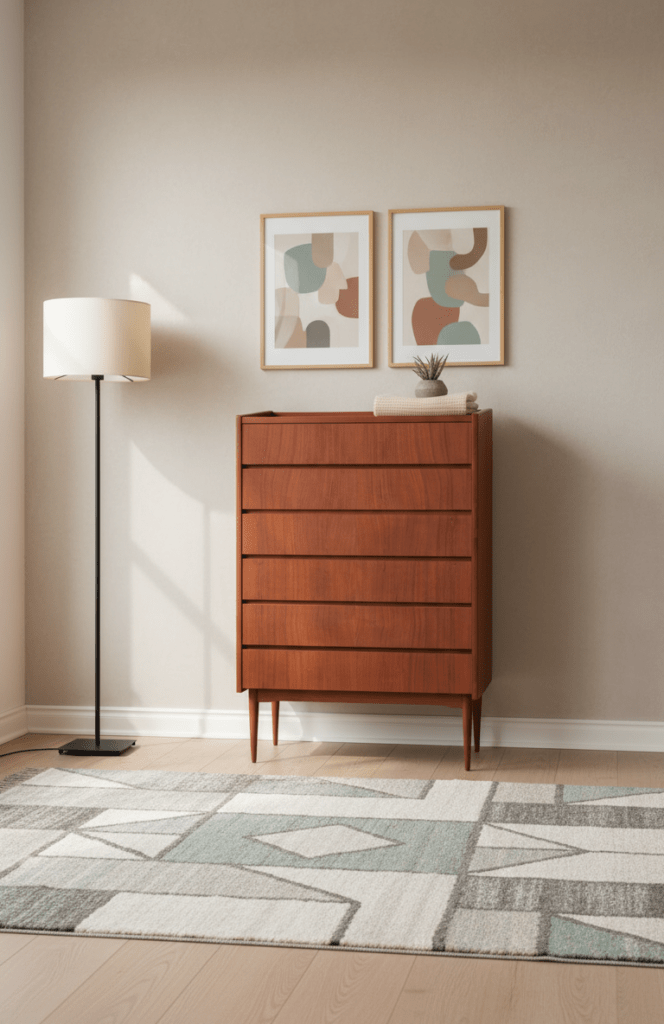 Dansk byrå i teak med sex lådor, vintage 1960 tal. 75x42x113 cm