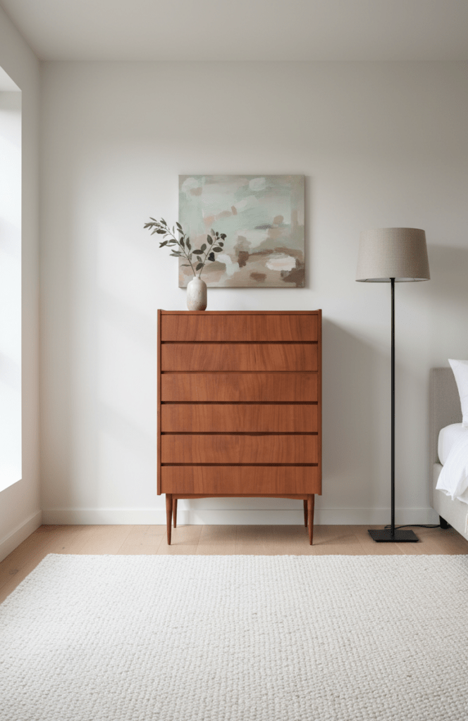 Dansk byrå i teak med sex lådor, vintage 1960 tal. 75x42x113 cm