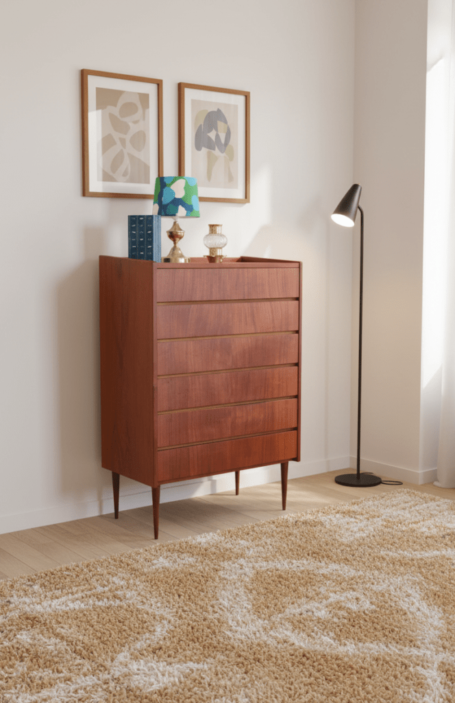 Dansk byrå i teak med sex lådor, vintage 1960 tal. 75x42x113 cm
