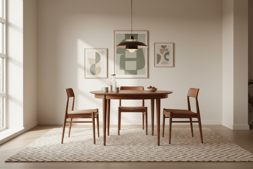 Matbord i teak Henning Kjærnulf för Sorø Møbelfabrik Danmark 1960-tal. 115 cm ø+3×50 cm