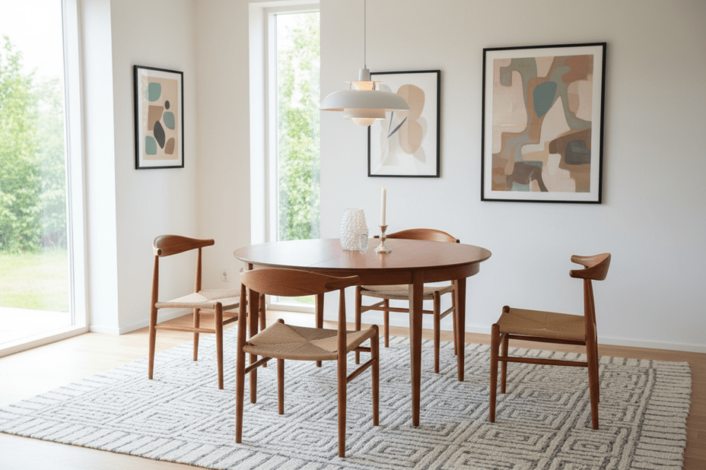 Matbord i teak Henning Kjærnulf för Sorø Møbelfabrik Danmark 1960-tal. 115 cm ø+3×50 cm