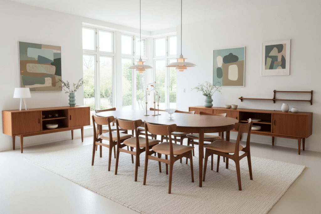 Matbord i teak Henning Kjærnulf för Sorø Møbelfabrik Danmark 1960-tal. 115 cm ø+3×50 cm