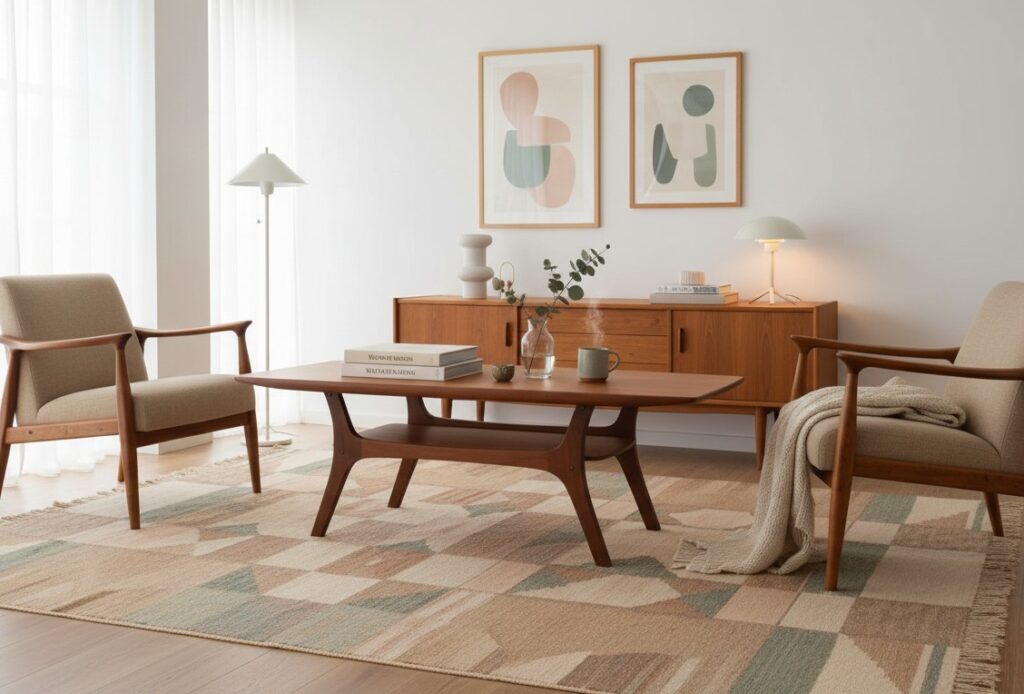 Danskt soffbord i teak med tidningshylla från 1960-talet. 135x53x55 cm