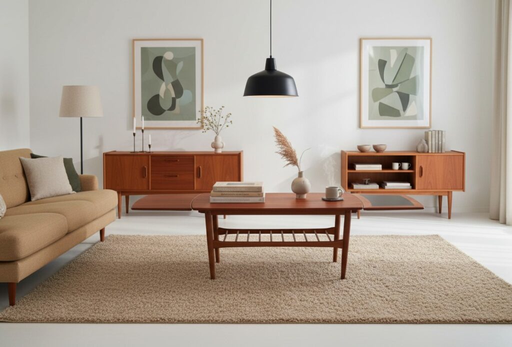 Danskt utdragbart soffbord i teak och ek med tidningshylla. 104x52x54+2x36 cm