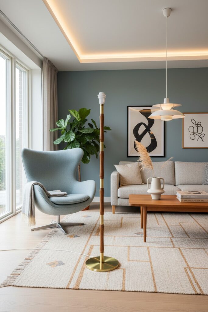 Dansk golvlampa i ek och mässing med justerbar höjd