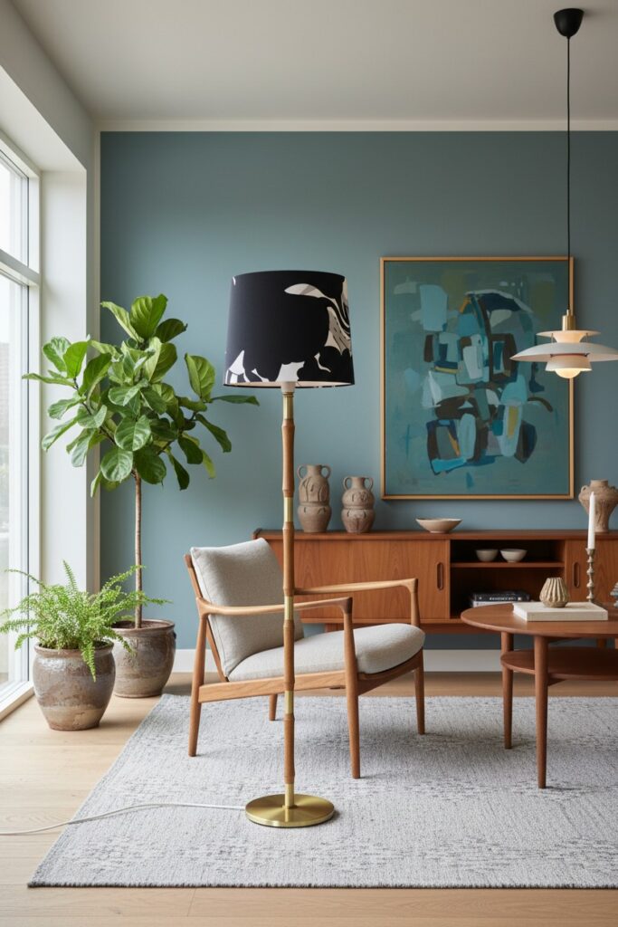 Dansk golvlampa i ek och mässing med justerbar höjd