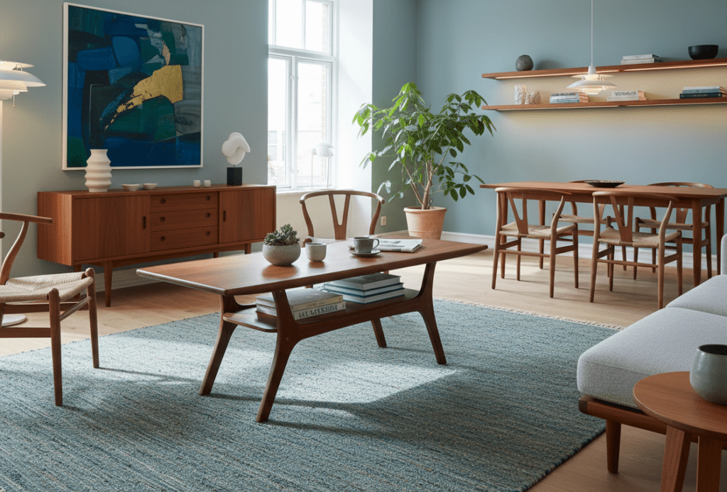 Danskt soffbord i teak med tidningshylla från 1960-talet. 140x51x53 cm