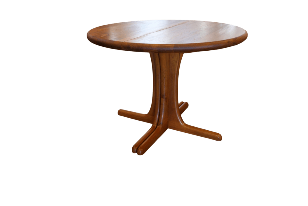 Matbord i massiv teak med iläggsskiva KS Møbler Danmark. 100 cm ø+50.5 cm