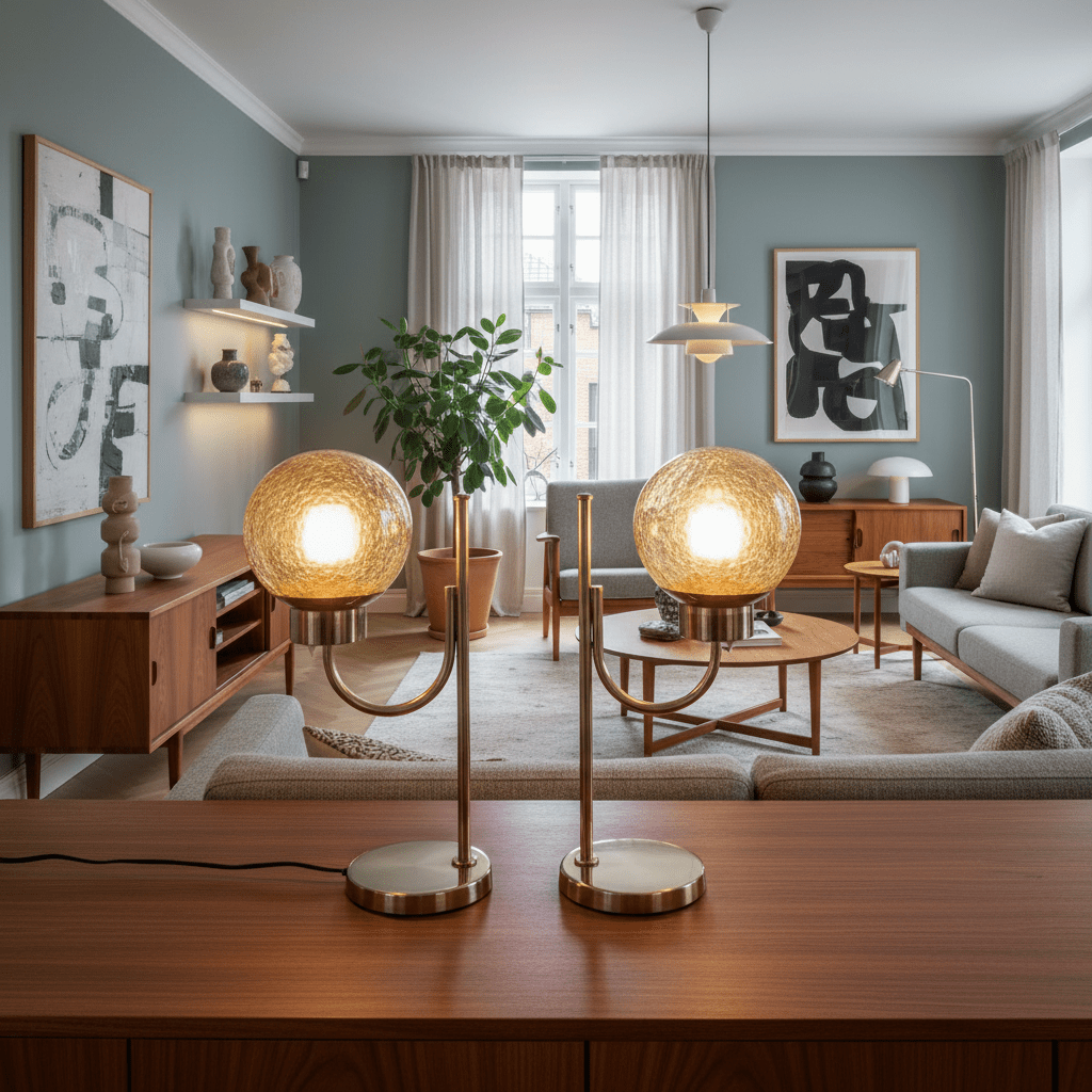 Bergboms bordslampa i mässing med amberfärgad glaskupa, svensk design 1960 tal