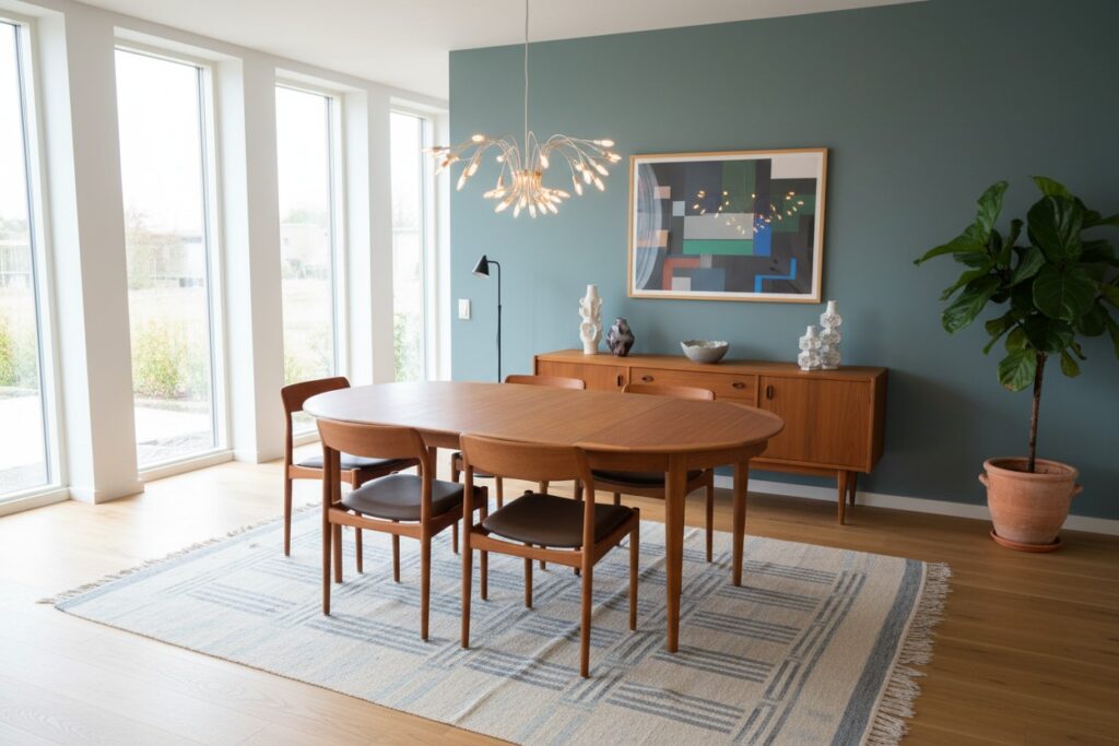 Fyra stolar i teak av Henning Kjærnulf KS Møbler i skinn. 50 cm bred
