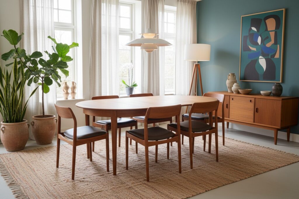 Fyra stolar i teak av Henning Kjærnulf KS Møbler i skinn. 50 cm bred