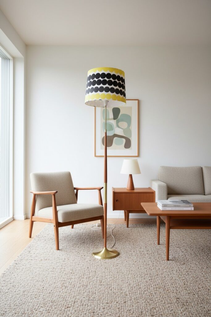 Dansk golvlampa i teak och mässing. 148 cm hög