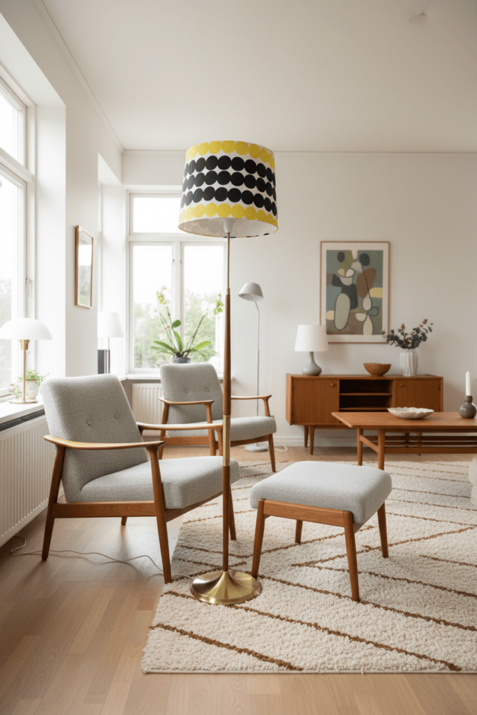 Dansk golvlampa i teak och mässing. 148 cm hög