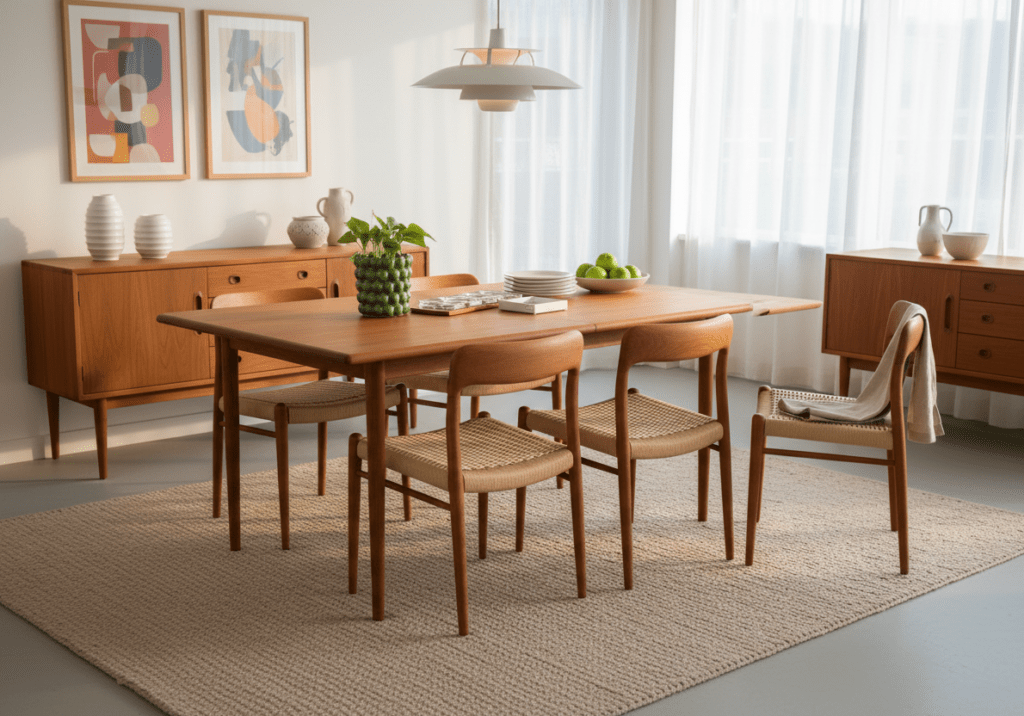 Niels Møller modell 75 stol i teak och flätad sits. 50 cm bred