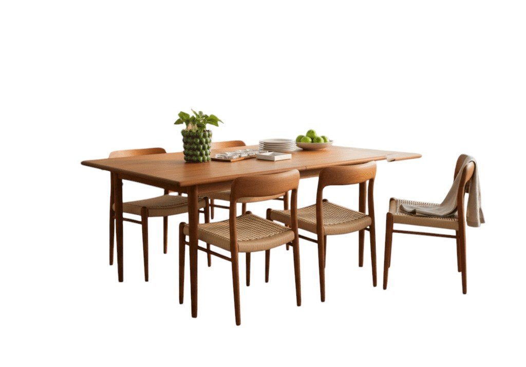 Niels Møller modell 75 stol i teak och flätad sits. 50 cm bred