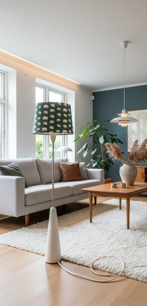 Golvlampa från 1950-talet i mässing och naturvitt trä. 105 cm hög