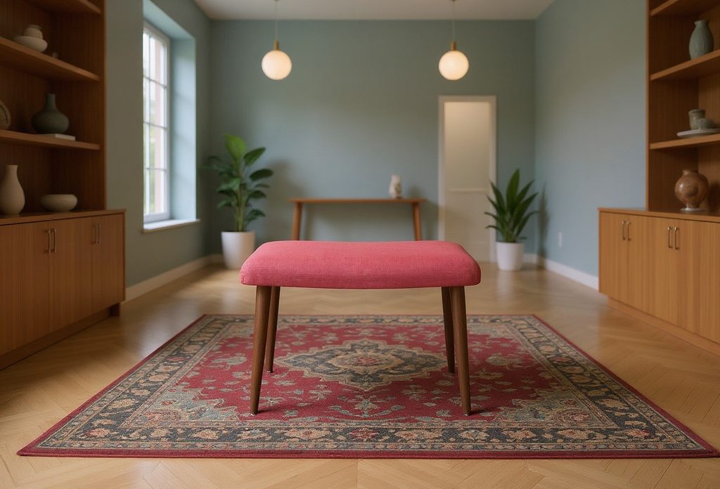 Dansk pall i teak med ceriserosa sits. 49x32x37 cm