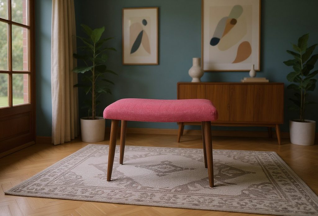 Dansk pall i teak med ceriserosa sits. 49x32x37 cm