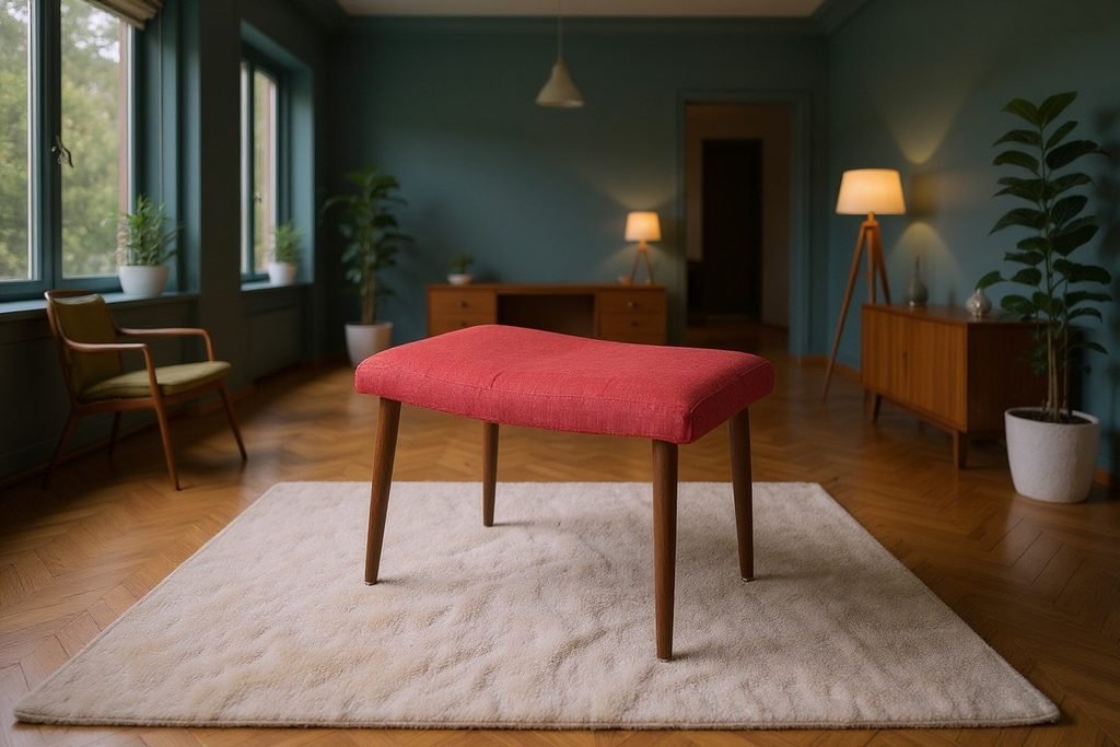 Dansk pall i teak med ceriserosa sits. 49x32x37 cm