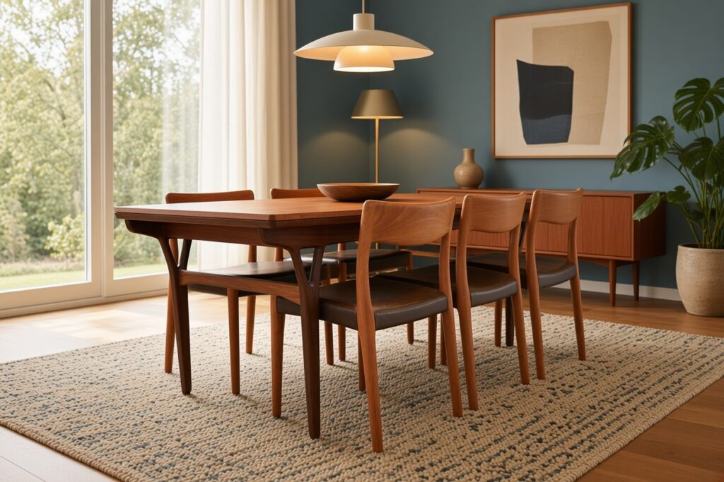 Danska matstolar i massiv teak med vintageskinn tidlös design och hög komfort