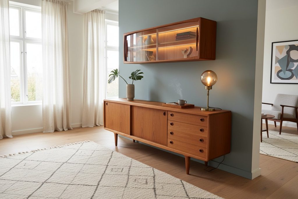 Vitrinskåp/vägghängt sideboard i teak HP Hansen Danmark. 160x32x50 cm