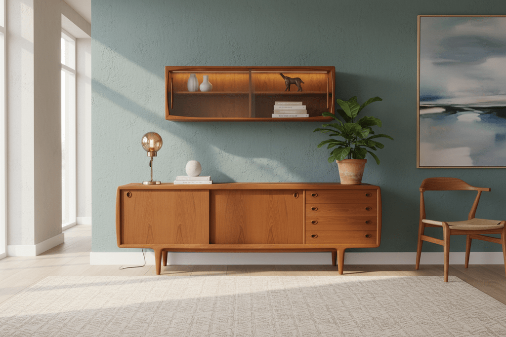 Vitrinskåp/vägghängt sideboard i teak HP Hansen Danmark. 160x32x50 cm