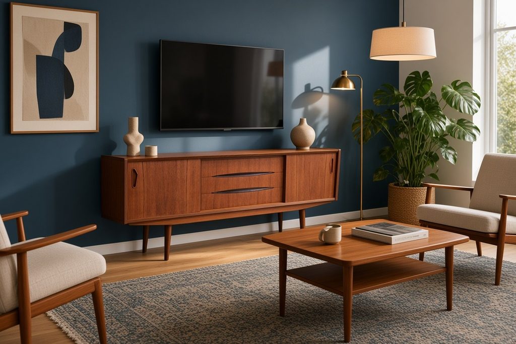 Danskt sideboard i teak med skjutluckor och snedställda ben. 165x43x73 cm