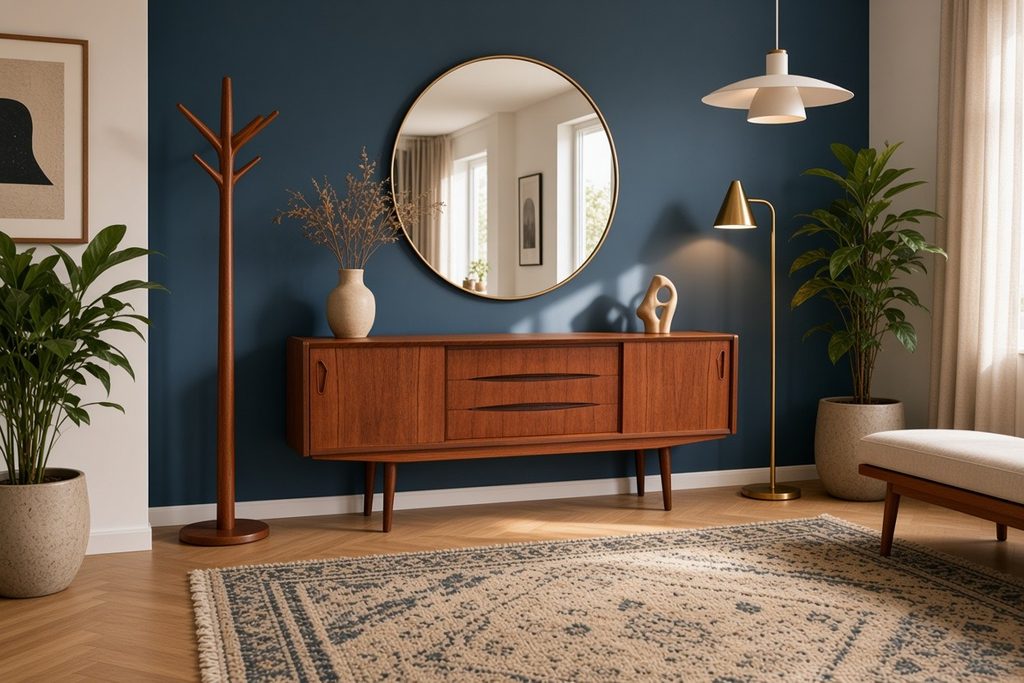 Danskt sideboard i teak med skjutluckor och snedställda ben. 165x43x73 cm