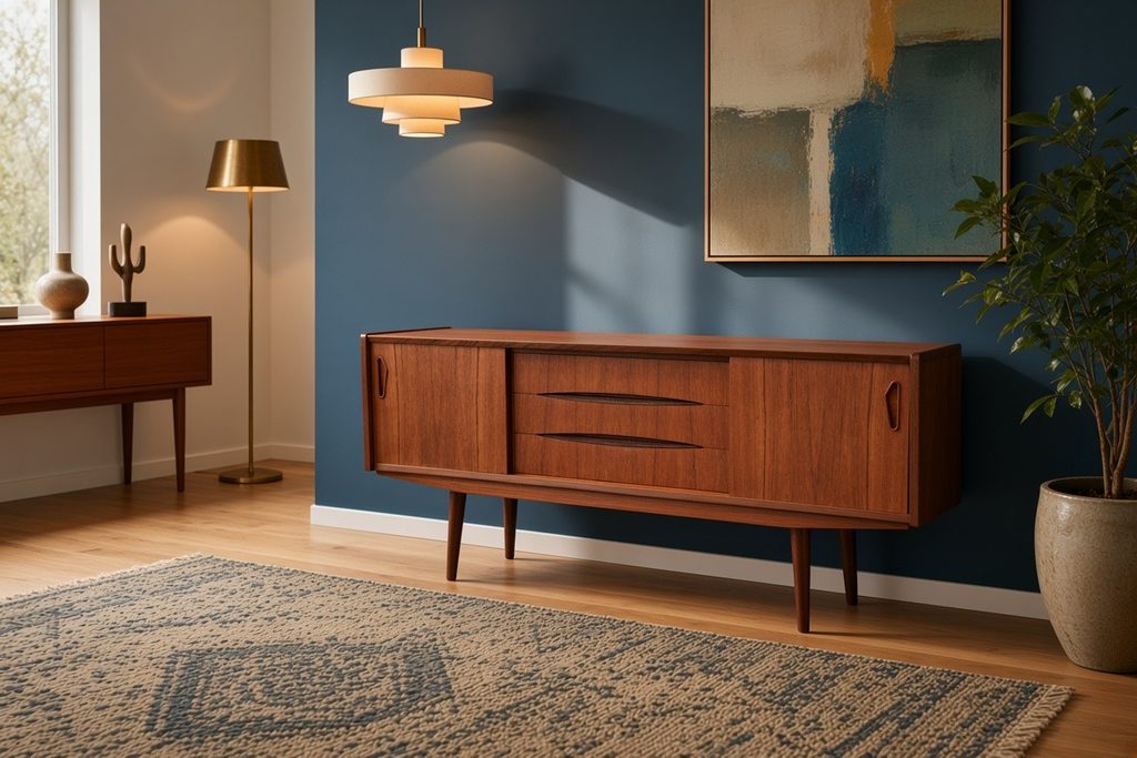 Danskt sideboard i teak med skjutluckor och snedställda ben. 165x43x73 cm