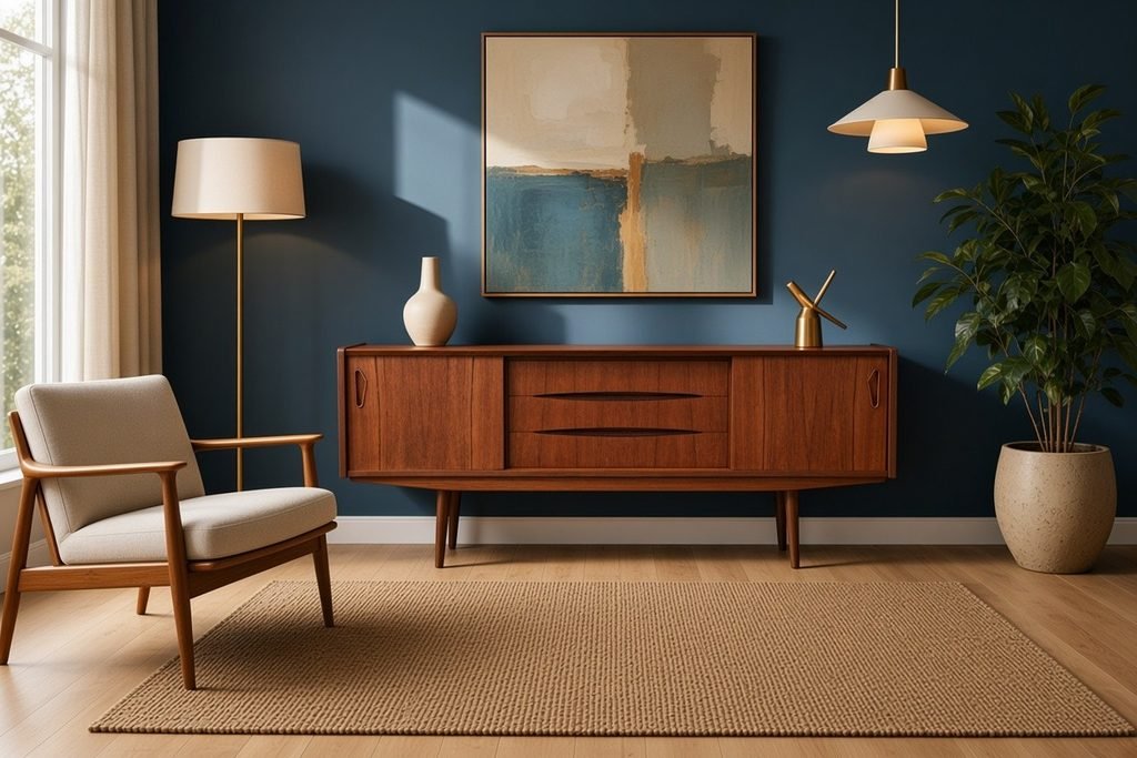 Danskt sideboard i teak med skjutluckor och snedställda ben. 165x43x73 cm