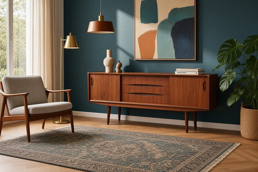 Danskt sideboard i teak med skjutluckor och snedställda ben. 165x43x73 cm