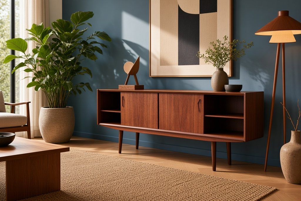 Danskt sideboard i teak med skjutluckor och snedställda ben. 165x43x73 cm